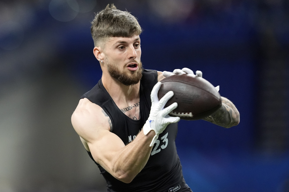 San Francisco 49ers wide receiver Ricky Pearsall does a drill at the 2024 NFL Scouting Combine in Indianapolis. (AP/Michael Conroy)