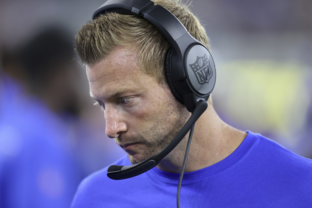 Los Angeles Rams coach Sean McVay stays connected to his team thanks to the NFL&#x27;s Event Frequency Coordinators. (AP/Ben Liebenberg)