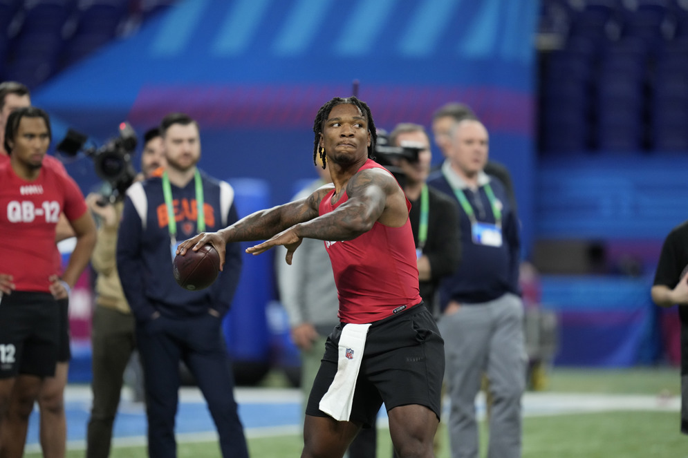 Indianapolis Colts quarterback Anthony Richardson does a drill at the 2023 NFL Scouting Combine in Indianapolis. (AP Photo/Michael Conroy)