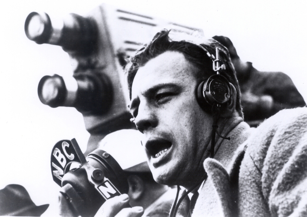 NBC play-by-play announcer Allen &quot;Skip&quot; Walz used two cameras for the first-ever televised NFL game, including one that operated right over his shoulder in the stadium&#x2019;s mezzanine section. (Pro Football Hall of Fame)