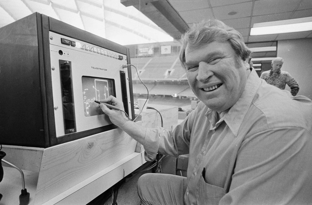 Former Oakland Raiders head coach and television commentator John Madden practices using the electronic charting device &#39;Telestrator&#39; that was used to illustrate plays during Super Bowl XVI at the Silverdome in Pontiac, Mich.&#160;(AP Photo/File)