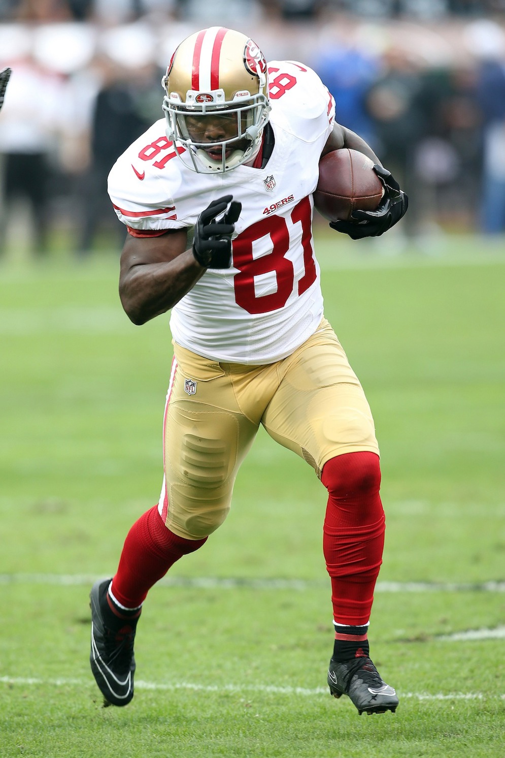 San Francisco 49ers wide receiver Anquan Boldin (81) against the Oakland Raiders during an NFL game at O.com Coliseum in Oakland, Calif. on Sunday, Dec. 7, 2014. (AP Photo/Michael Zito)