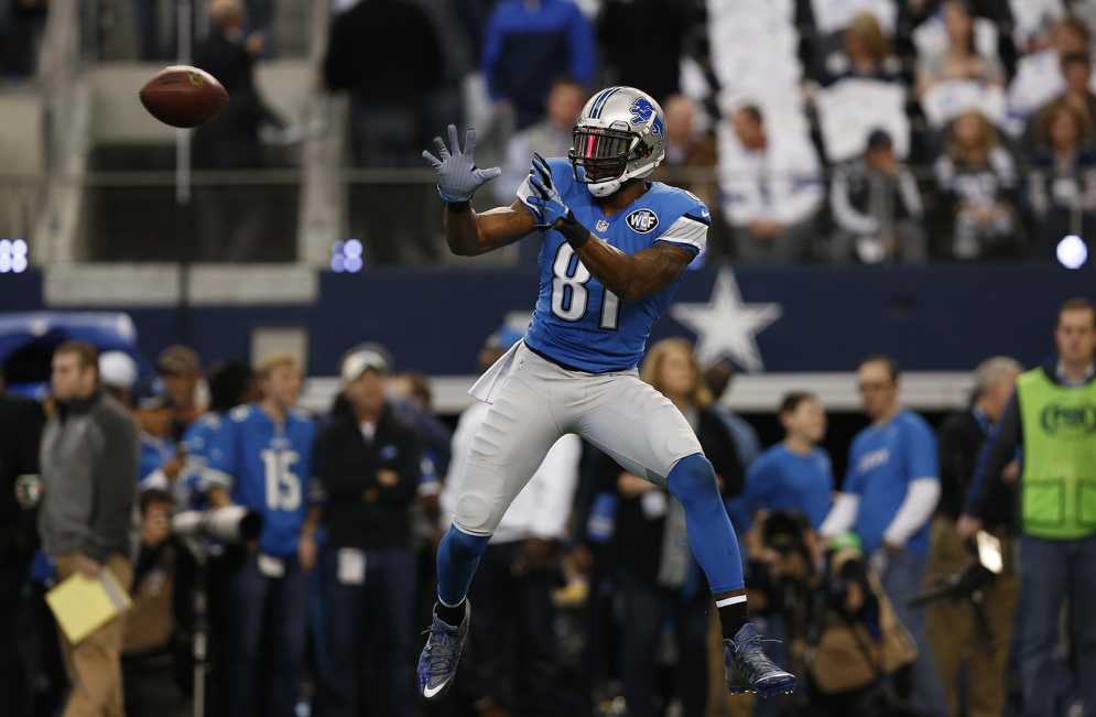 Detroit Lions wide receiver Calvin Johnson makes a catch during an NFL wild card playoff football game against the Dallas Cowboys at AT&amp;amp;T Stadium on Sunday January 4, 2015 in Arlington, Texas. Dallas won 24-20. (AP Photo/Aaron M. Sprecher)