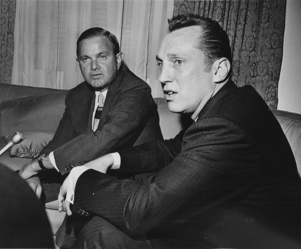 Pro Football Hall of Fame members Al Davis, owner of the Oakland and Los Angeles Raiders, right, and Ralph Wilson, owner of the Buffalo Bills, left, played important roles in the formation of the upstart AFL and the post-merger NFL. (AP Photo/Ed Kolenovsky)