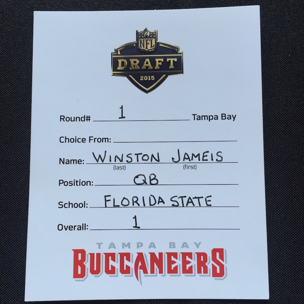 Official NFL Draft card submitted by the Tampa Bay Buccaneers when they selected Florida State QB Jameis Winston with the first overall pick of&#160;the 2015 NFL Draft.&#160;
