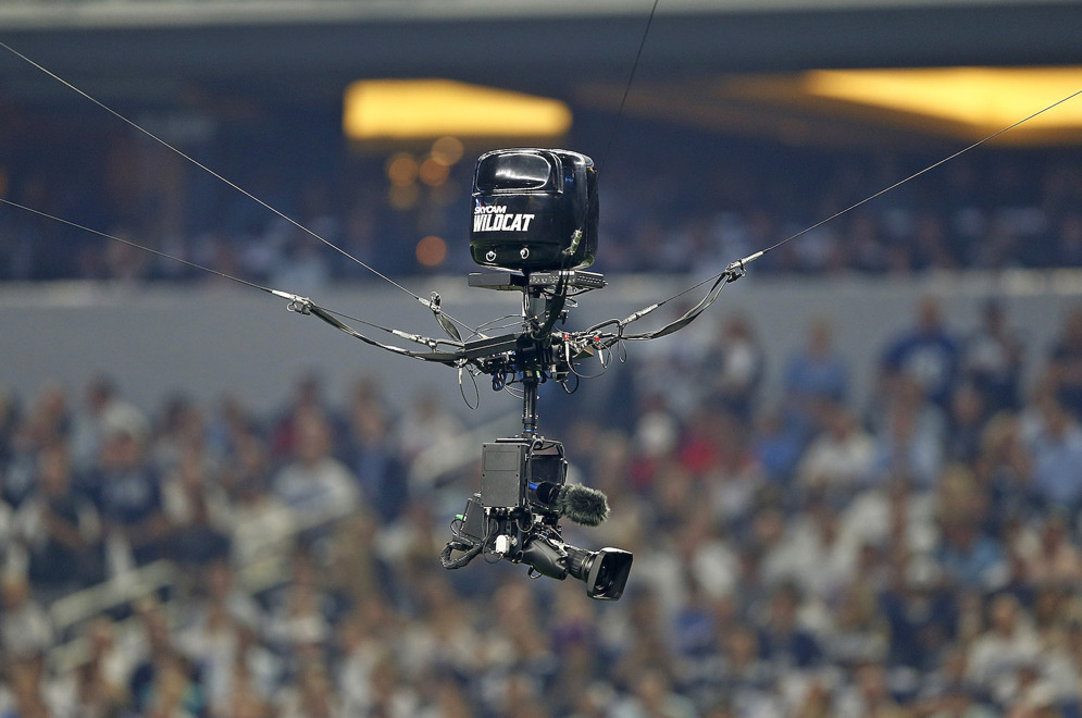 Skycam television camera is suspended above the field during a game between the Dallas Cowboys against the New York Giants at AT&amp;amp;T Stadium. (James D. Smith via AP)