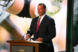 Jon Runyan, NFL vice president of policy and rules administration, speaks at an event.