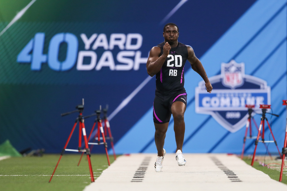 New England Patriots&#160;running back Sony Michel runs the 40-yard dash during the 2018 NFL Scouting Combine in Indianapolis. (Ben Liebenberg via AP)