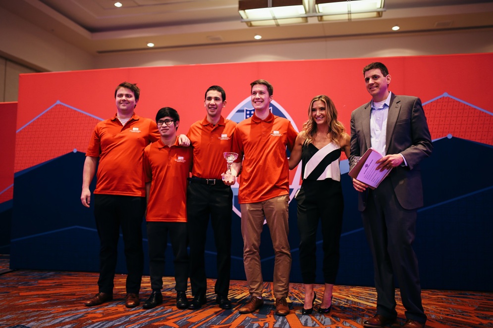 College entry winners from Simon Fraser University with emcee Cynthia Frelund and Mike Lopez, the NFL&#39;s Director of Football Data and Analytics