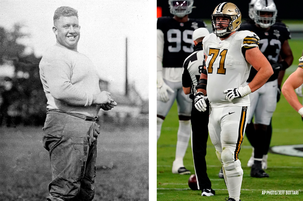 
Hall of Famer Wilbur “Pete” Henry, aka “Fats,” was one of the NFL’s largest and most dominant linemen in the 1920s at 5 feet 11 inches and 245 pounds, but would be dwarfed by present-day players such as 6 foot 6 inch, 313-pound New Orleans offensive tackle Ryan Ramczyk. (Pro Football Hall of Fame) (AP Photo/Jeff Bottari)
