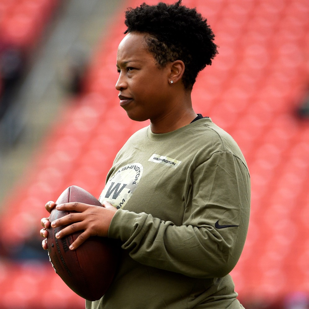 Jennifer King, the first African-American female full-time coach in NFL history, is an alumna of the NFL Women&#39;s Careers in Football Forum. (AP/Mark Tenally)