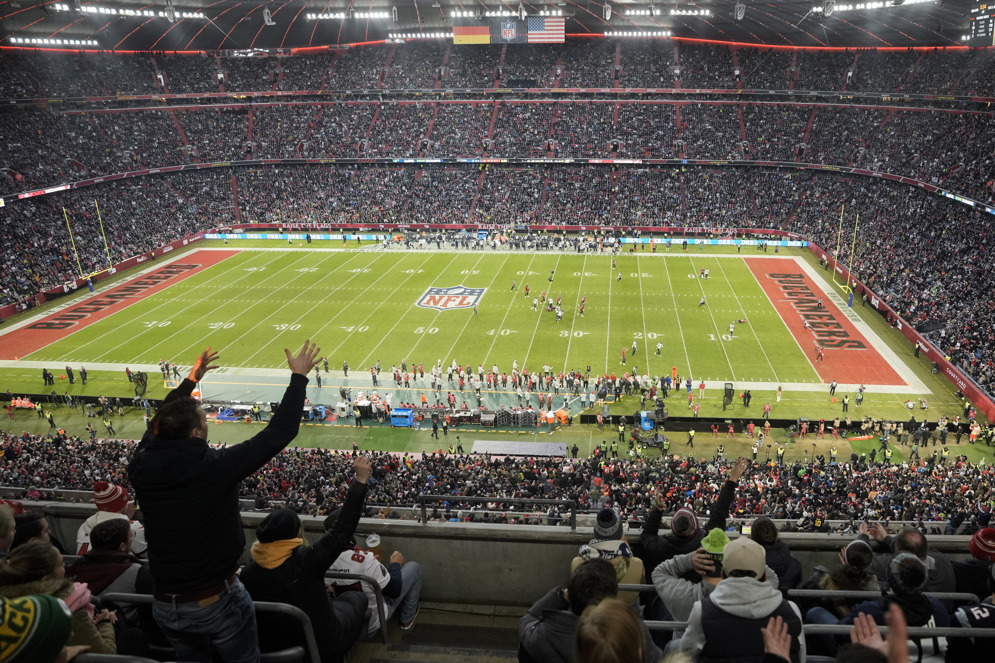 In the NFL&#x27;s inaugural regular season game in Germany, the Tampa Bay Buccaneers hosted the Seattle Seahawks at the Allianz Arena in Munich in 2022. (AP/Matthias Schrader)